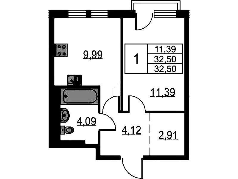 1-комнатная квартира 32.5 м², 12/12 эт., ЖК «Невская Долина»